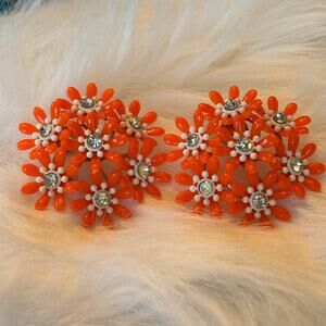 Vintage 1960s Retro MOD  Orange Plastic Rhinestone Floral Clip Earrings